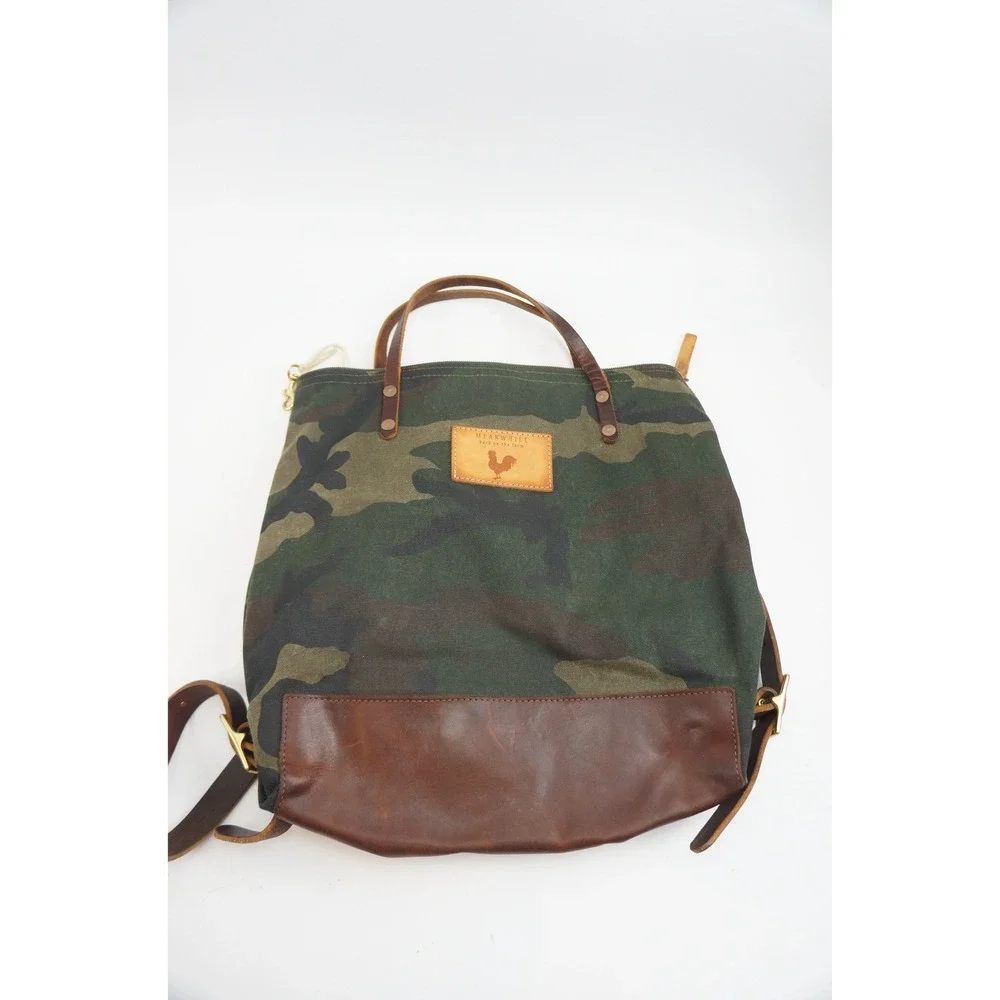 Meanwhile Back On The Farm Camo Green Waxed Leather Convertible Backpack VGC
